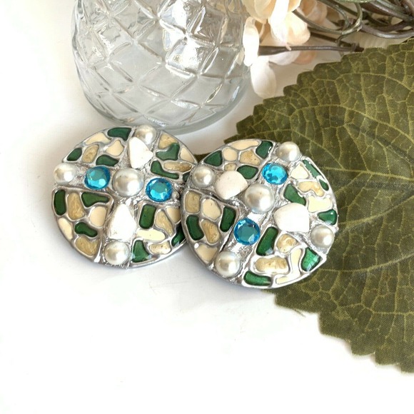 Vtg LA RAGE Mosaic Earrings Circles Gems Statement - Picture 6 of 9